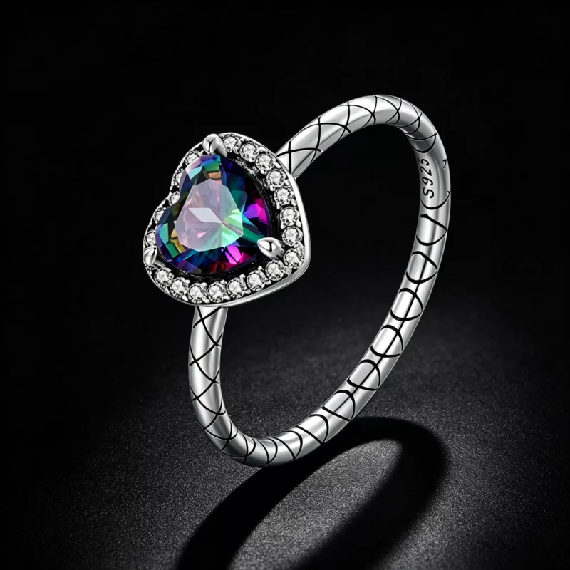 925 Silver Retro Heart Rainbow Gem Ring