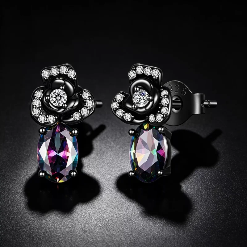 Black Rose Mystic Topaz S925 Stud Earrings