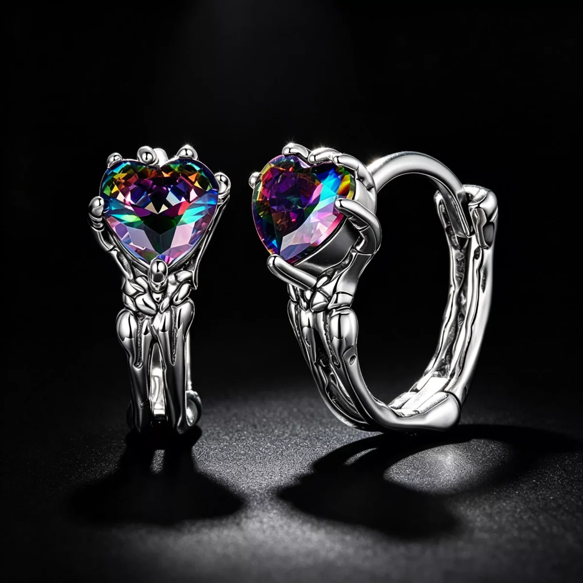 S925 Silver Skeleton Hand Heart Hoop Earrings