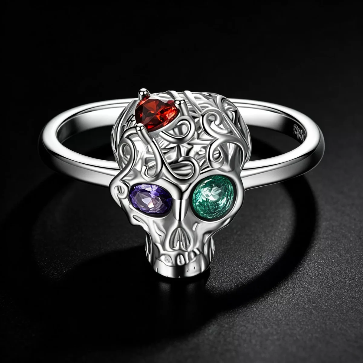 Multicolor Gem S925 Silver Skull Ring