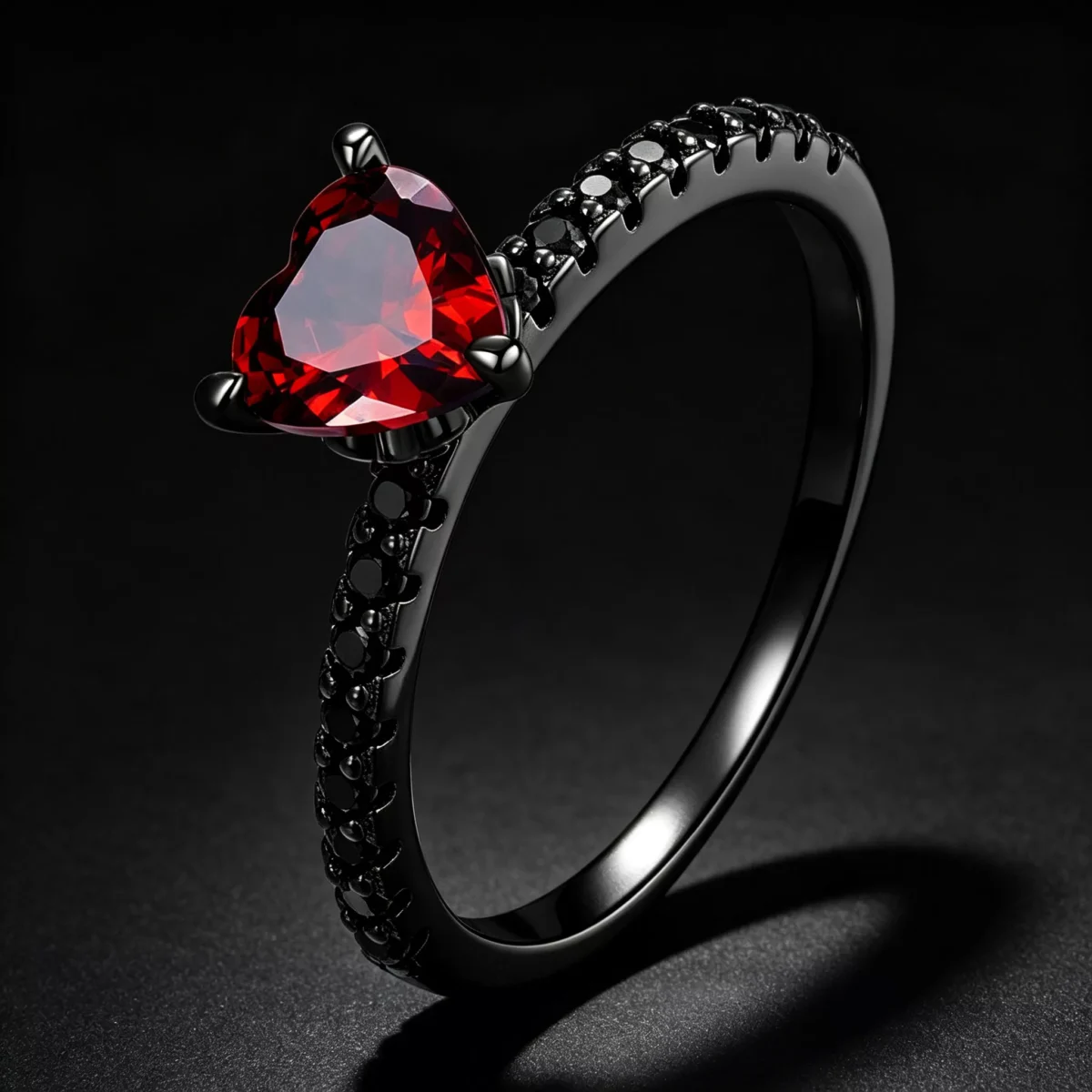 925 Silver Black‑Plated Heart Red Gem Ring