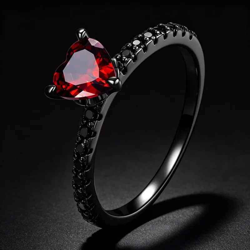 925 Silver Black‑Plated Heart Red Gem Ring 925 Silver Black‑Plated Heart Red Gem Ring