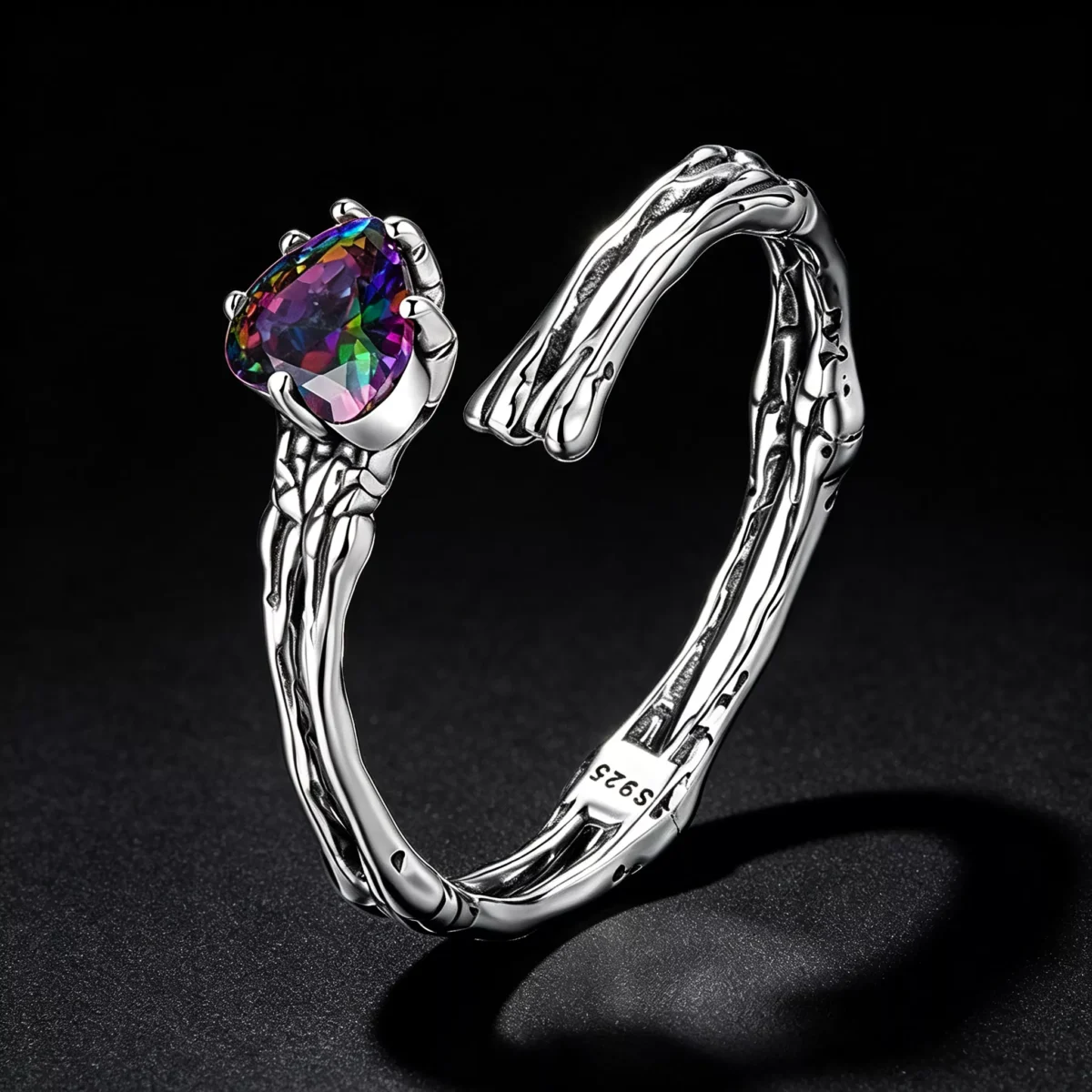 Skeleton Hand S925 Silver Open Ring with Rainbow Crystal