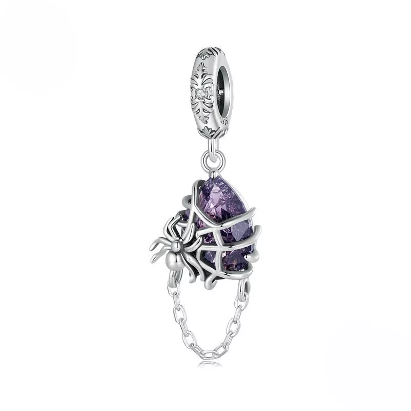 925 Silver Spider Web Purple Crystal Dangle Charm