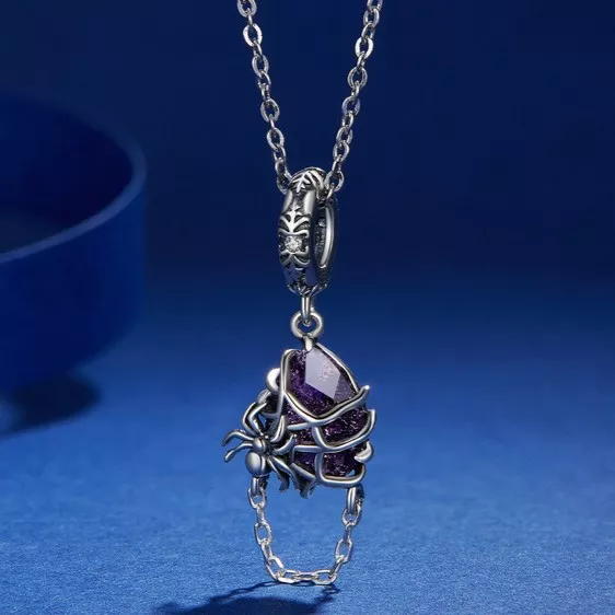 925 Silver Spider Web Purple Crystal Dangle Charm