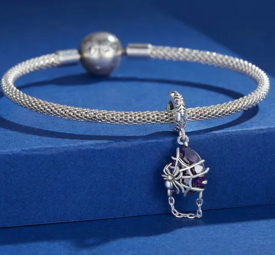 925 Silver Spider Web Purple Crystal Dangle Charm