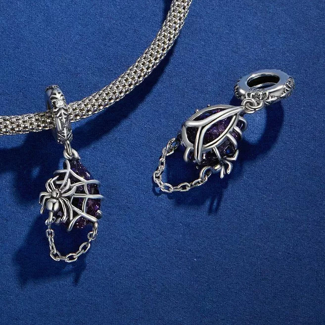 925 Silver Spider Web Purple Crystal Dangle Charm