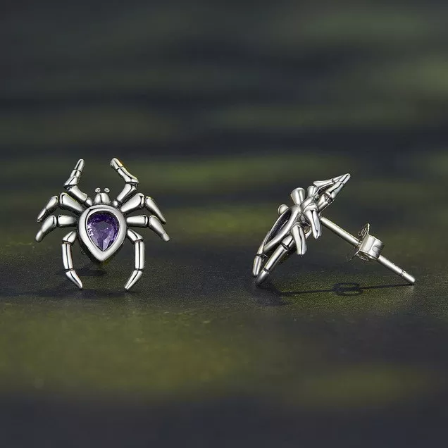 925 Silver Gothic Spider Purple Gem Stud Earrings 925 Silver Gothic Spider Purple Gem Stud Earrings