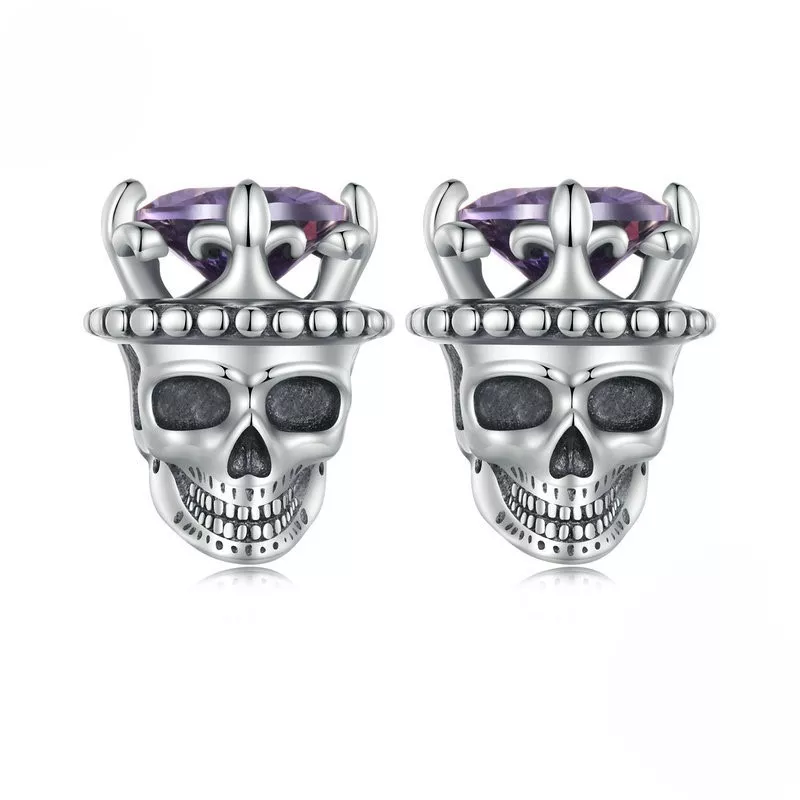 925 Silver Gothic King Skull Purple Gem Stud Earrings