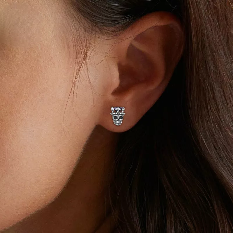 925 Silver Gothic King Skull Purple Gem Stud Earrings