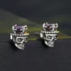 925 Silver Gothic King Skull Purple Gem Stud Earrings