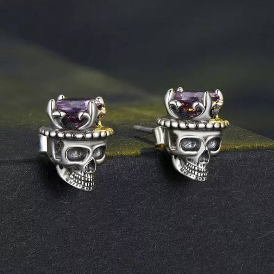 925 Silver Gothic King Skull Purple Gem Stud Earrings