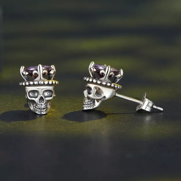 925 Silver Gothic King Skull Purple Gem Stud Earrings