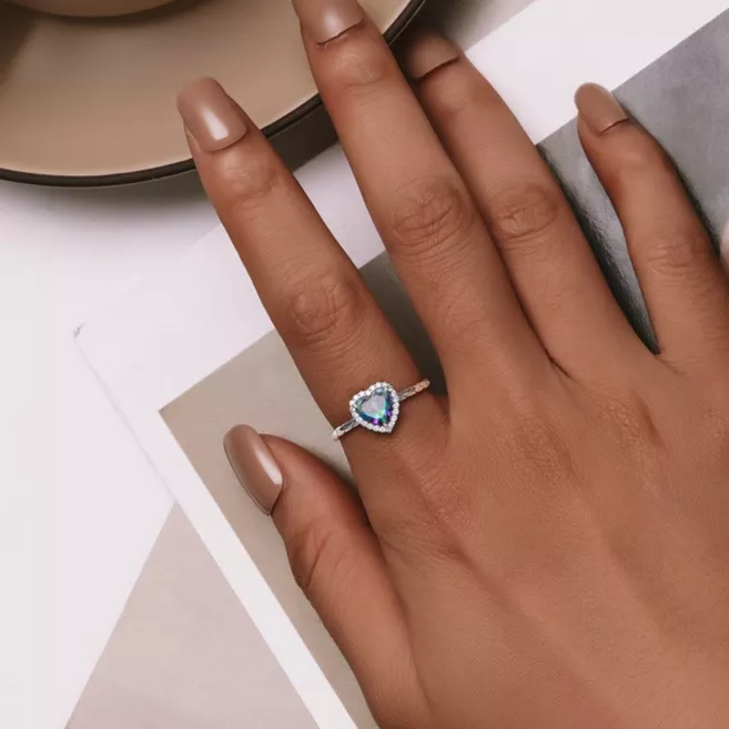 925 Silver Retro Heart Rainbow Gem Ring