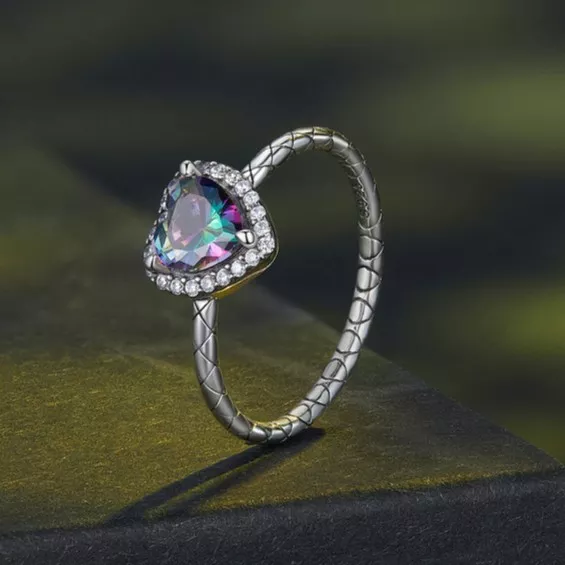 925 Silver Retro Heart Rainbow Gem Ring