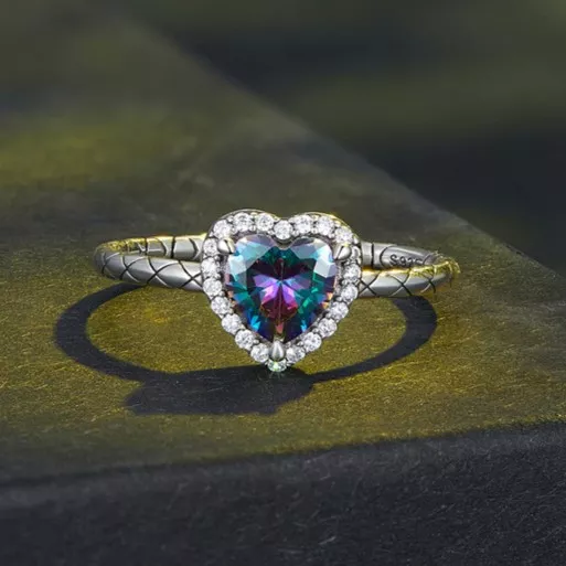 925 Silver Retro Heart Rainbow Gem Ring