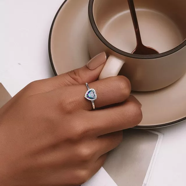 925 Silver Retro Heart Rainbow Gem Ring