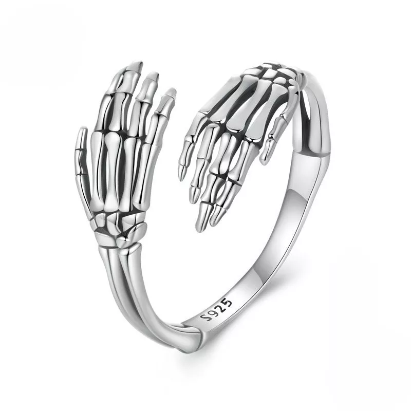 Skeleton Hands Hug S925 Silver Open Ring