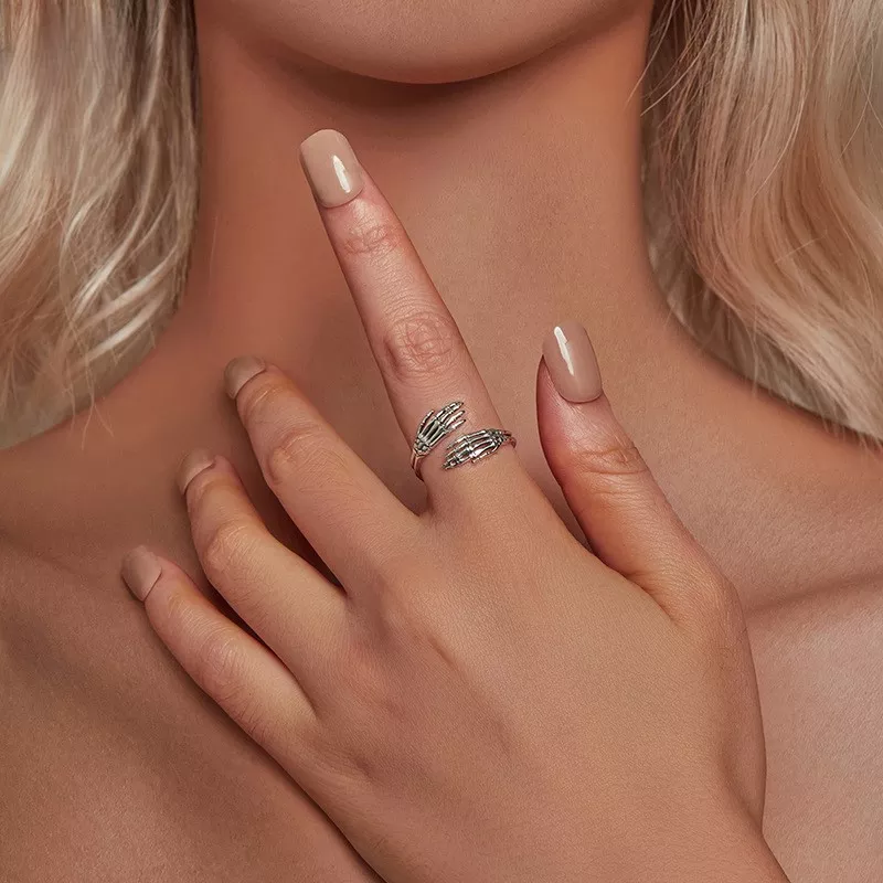 Skeleton Hands Hug S925 Silver Open Ring
