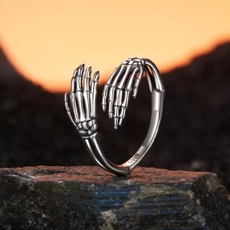 Skeleton Hands Hug S925 Silver Open Ring