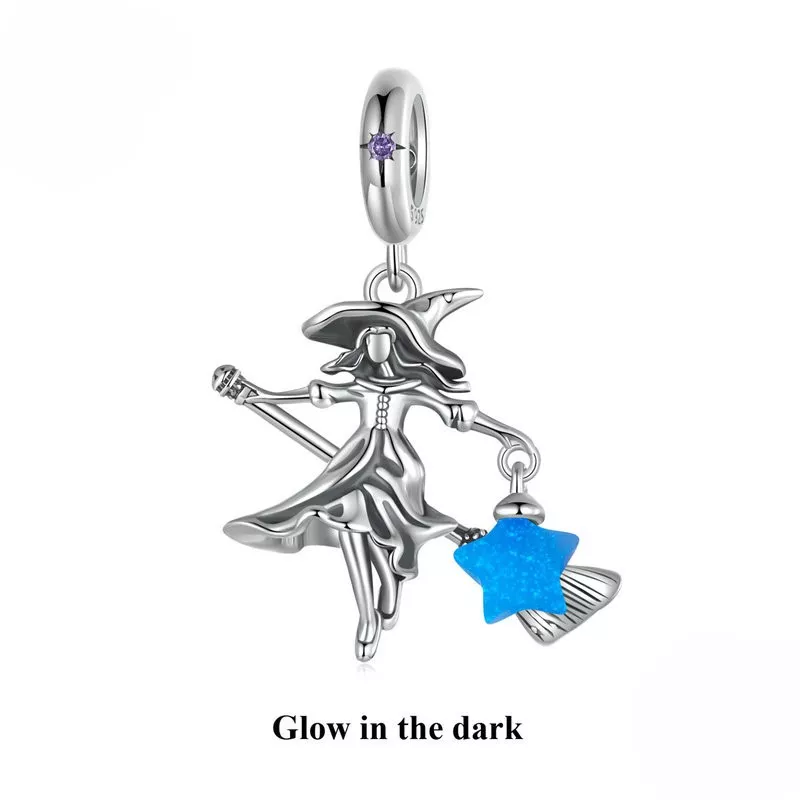Glow‑in‑the‑Dark Witch S925 Silver Dangle Charm