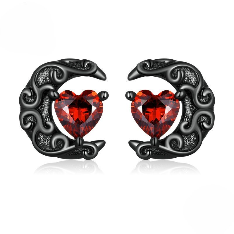 925 Silver Black‑Plated Moon Heart Stud Earrings
