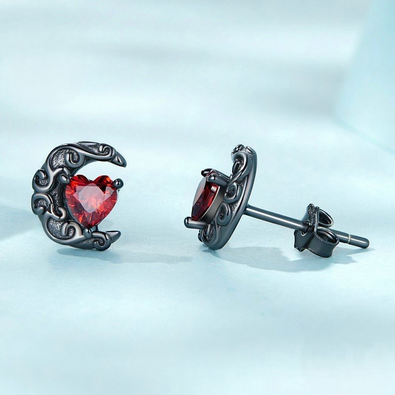 925 Silver Black‑Plated Moon Heart Stud Earrings