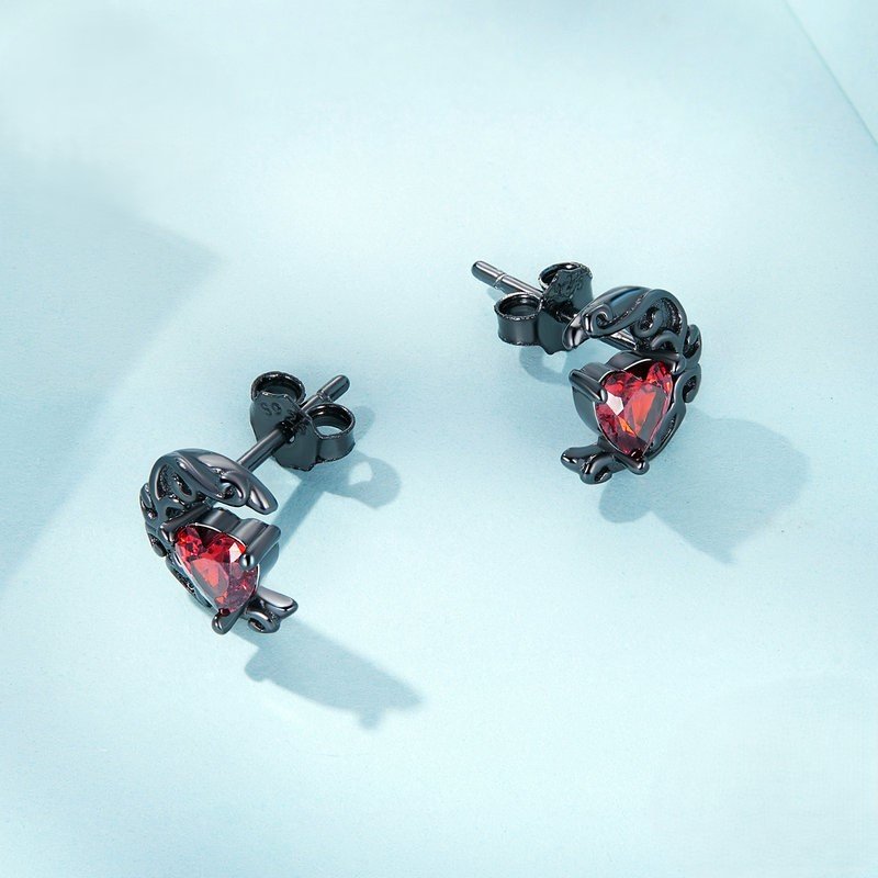925 Silver Black‑Plated Moon Heart Stud Earrings