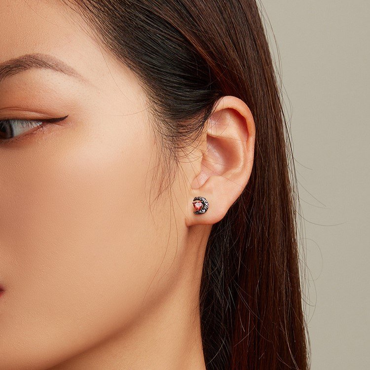 925 Silver Black‑Plated Moon Heart Stud Earrings