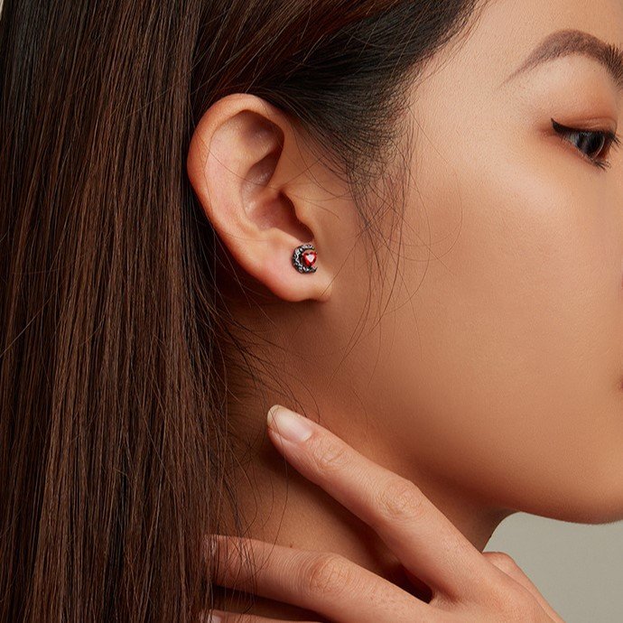 925 Silver Black‑Plated Moon Heart Stud Earrings