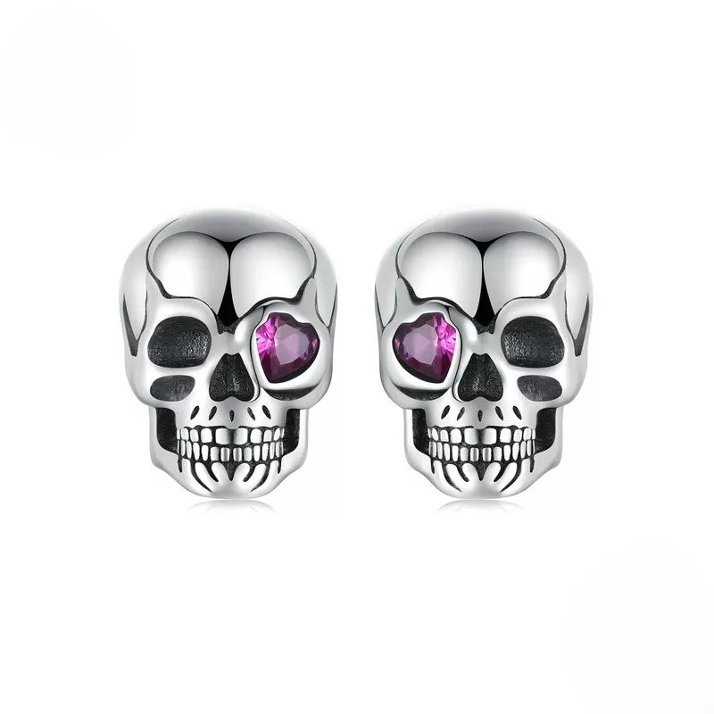 Heart Gem Skull S925 Silver Stud Earrings