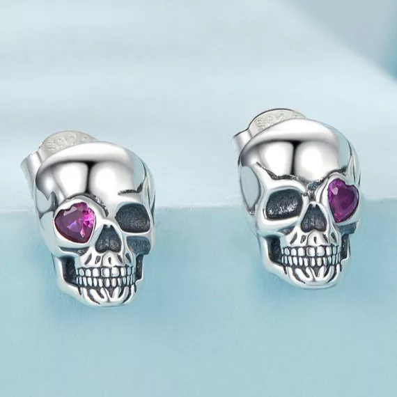 Heart Gem Skull S925 Silver Stud Earrings