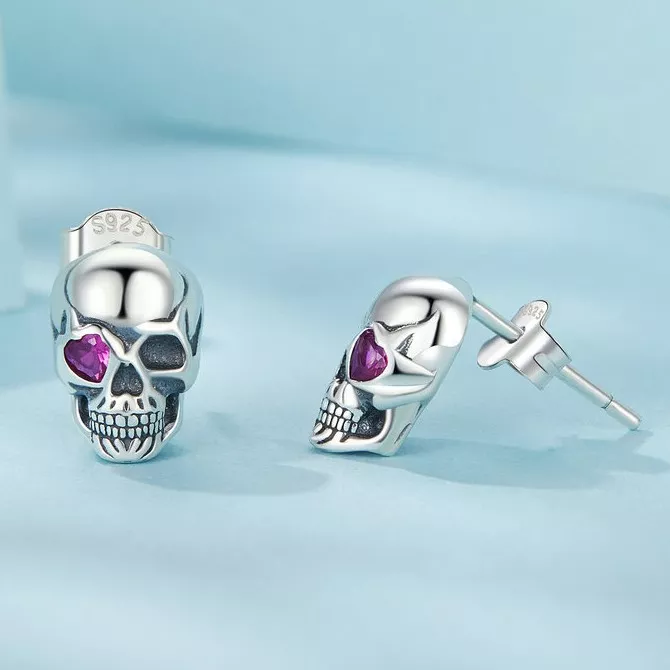 Heart Gem Skull S925 Silver Stud Earrings