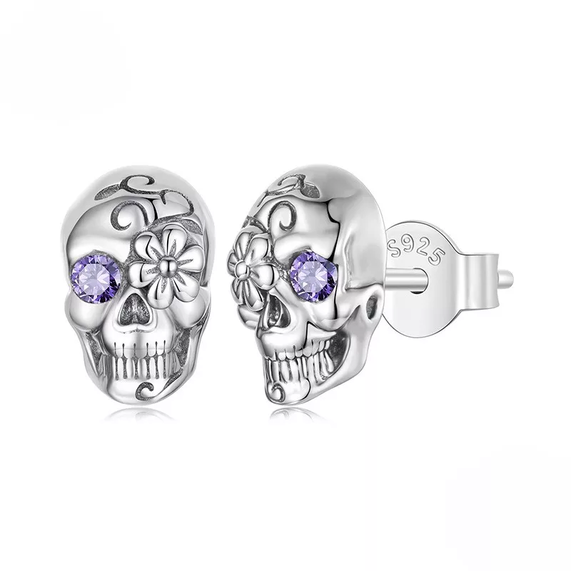 Floral Skull S925 Silver Stud Earrings