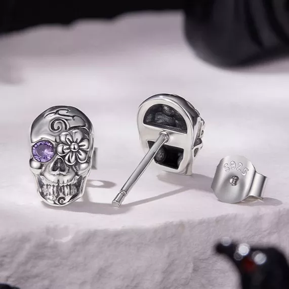 Floral Skull S925 Silver Stud Earrings
