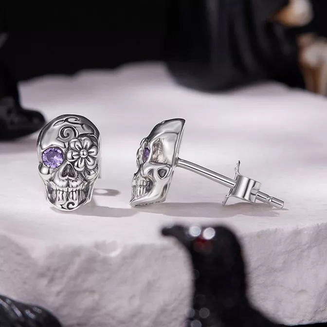 Floral Skull S925 Silver Stud Earrings