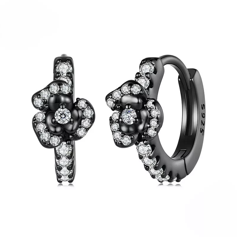 Black Rose S925 Silver Hoop Earrings