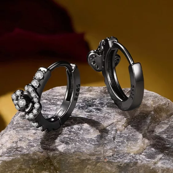 Black Rose S925 Silver Hoop Earrings