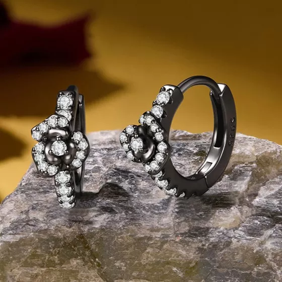 Black Rose S925 Silver Hoop Earrings