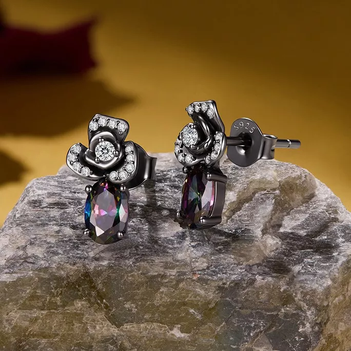 Black Rose Mystic Topaz S925 Stud Earrings