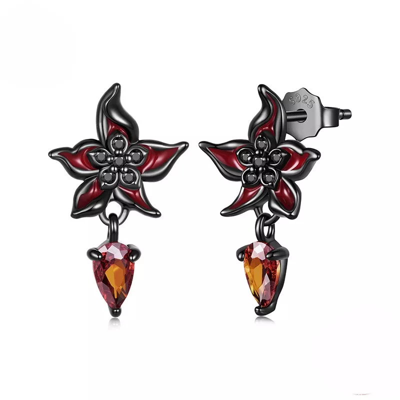 Red Mandala Flower S925 Silver Drop Stud Earrings