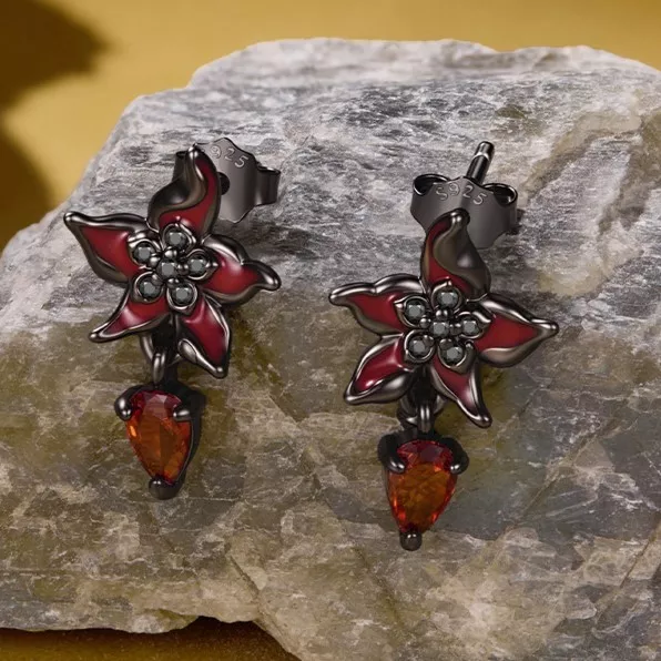 Red Mandala Flower S925 Silver Drop Stud Earrings