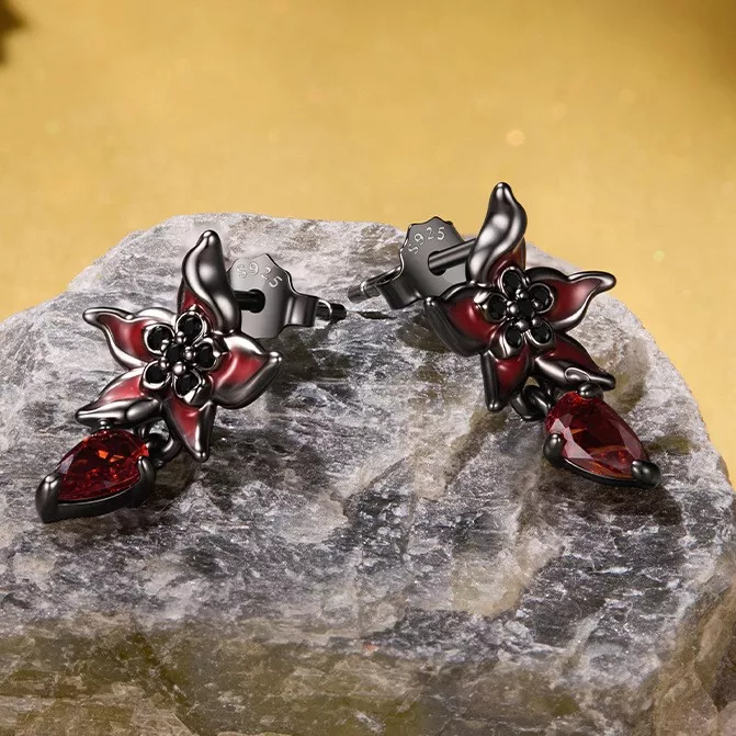 Red Mandala Flower S925 Silver Drop Stud Earrings