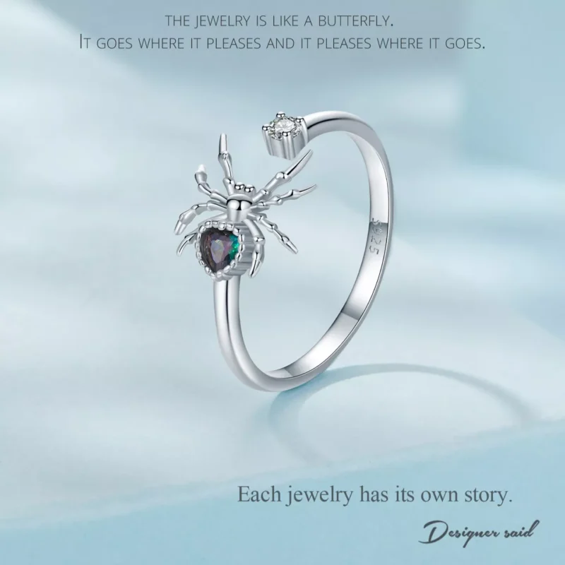 Heart Gem Spider S925 Silver Adjustable Ring