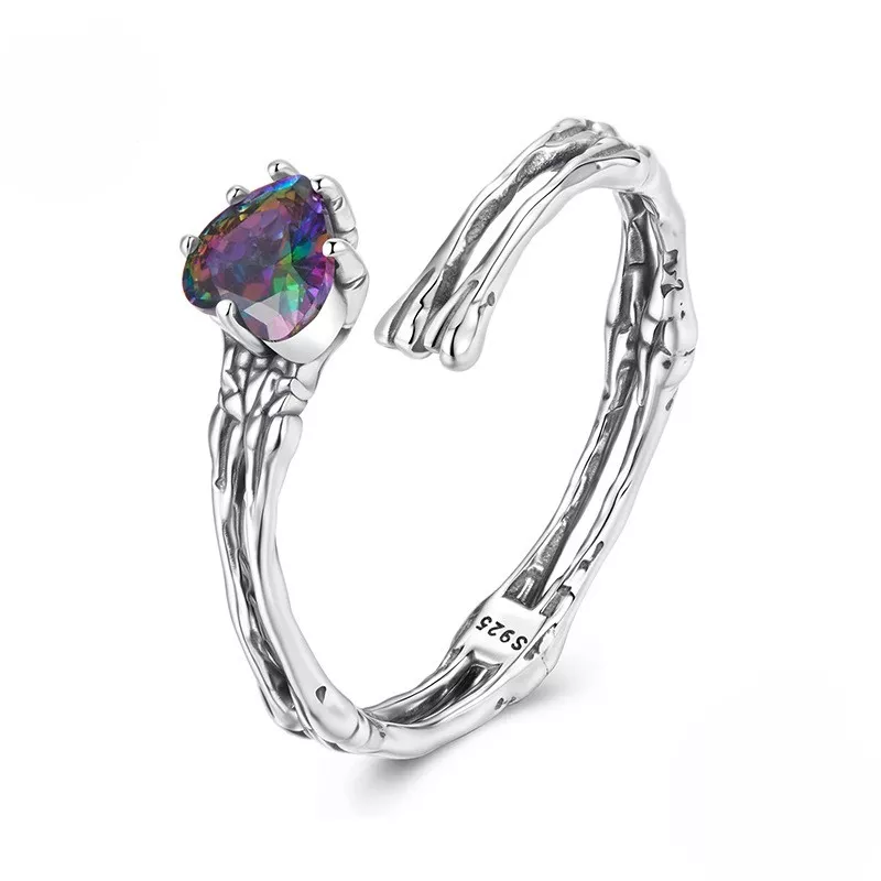 Skeleton Hand S925 Silver Open Ring with Rainbow Crystal