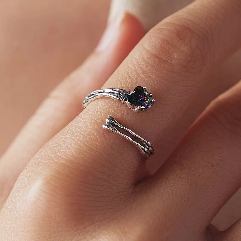 Skeleton Hand S925 Silver Open Ring with Rainbow Crystal