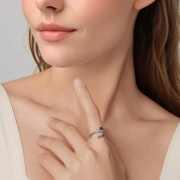 Skeleton Hand S925 Silver Open Ring with Rainbow Crystal