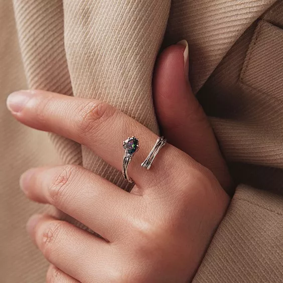 Skeleton Hand S925 Silver Open Ring with Rainbow Crystal