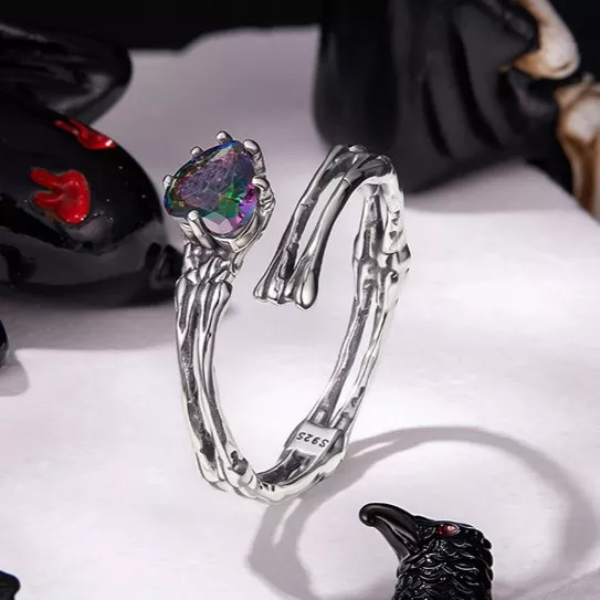 Skeleton Hand S925 Silver Open Ring with Rainbow Crystal