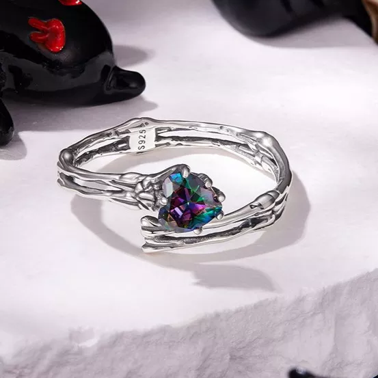 Skeleton Hand S925 Silver Open Ring with Rainbow Crystal